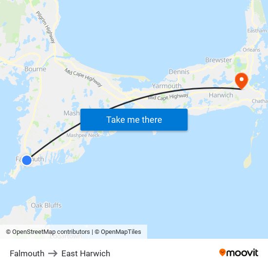 Falmouth to East Harwich map
