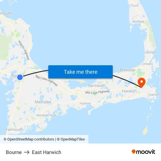 Bourne to East Harwich map