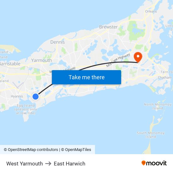 West Yarmouth to East Harwich map