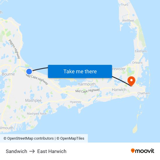 Sandwich to East Harwich map