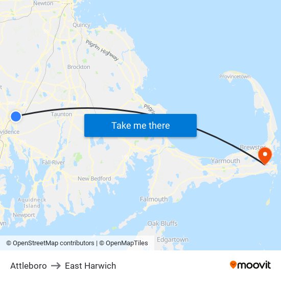 Attleboro to East Harwich map