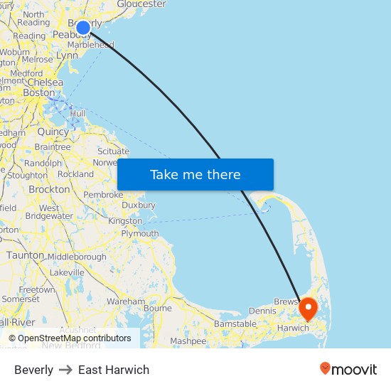 Beverly to East Harwich map