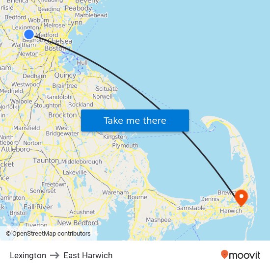 Lexington to East Harwich map