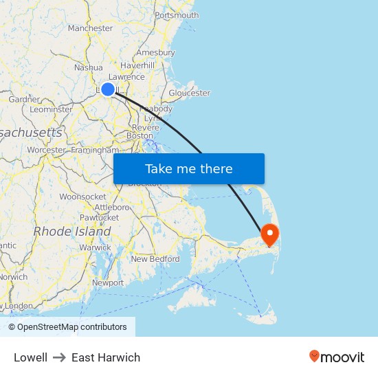 Lowell to East Harwich map