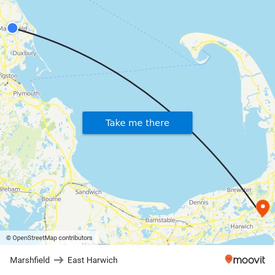 Marshfield to East Harwich map