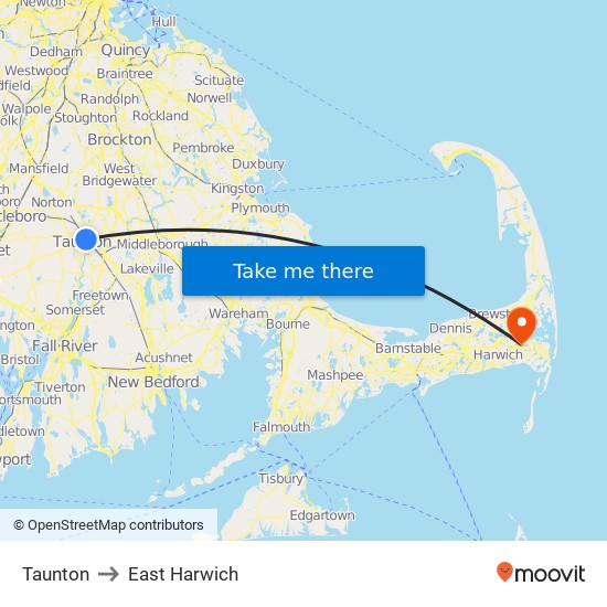 Taunton to East Harwich map