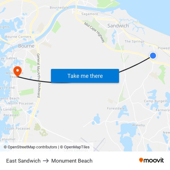 East Sandwich to Monument Beach map