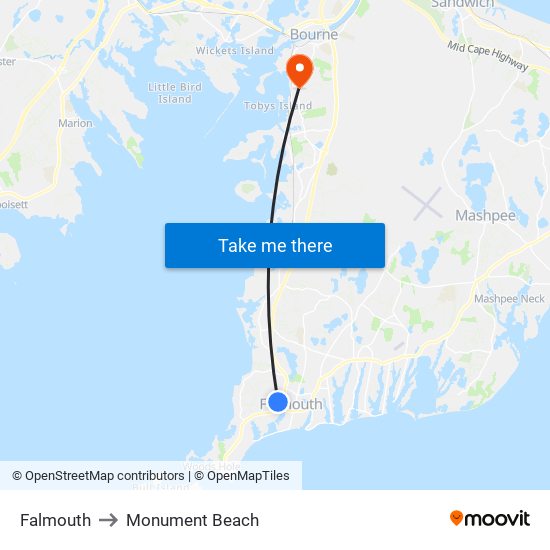 Falmouth to Monument Beach map