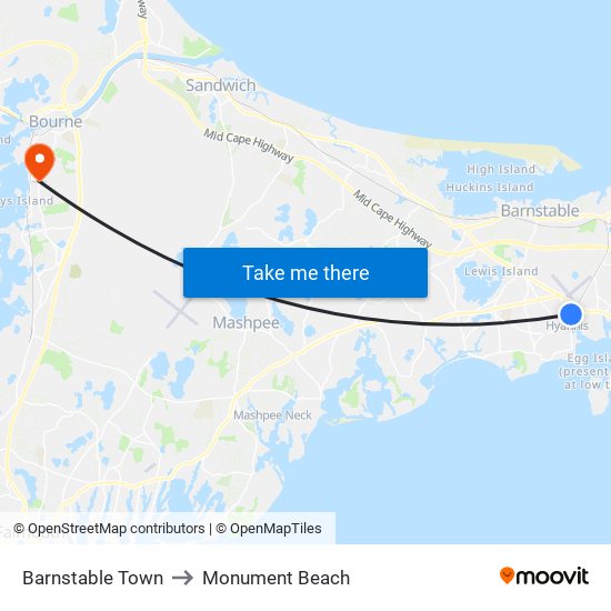 Barnstable Town to Monument Beach map