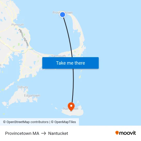 Provincetown MA to Nantucket map
