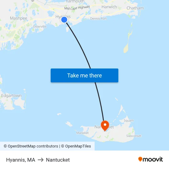 Hyannis, MA to Nantucket map