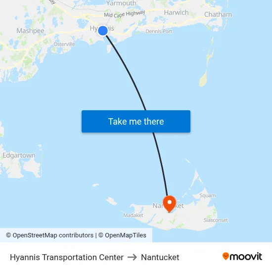 Hyannis Transportation Center to Nantucket map