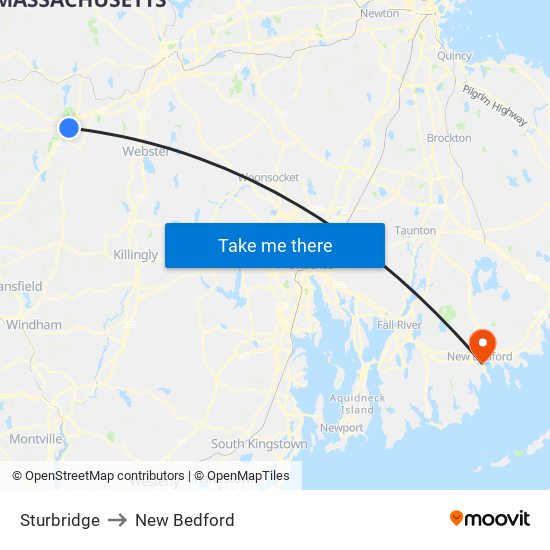 Sturbridge to New Bedford map