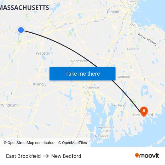 East Brookfield to New Bedford map