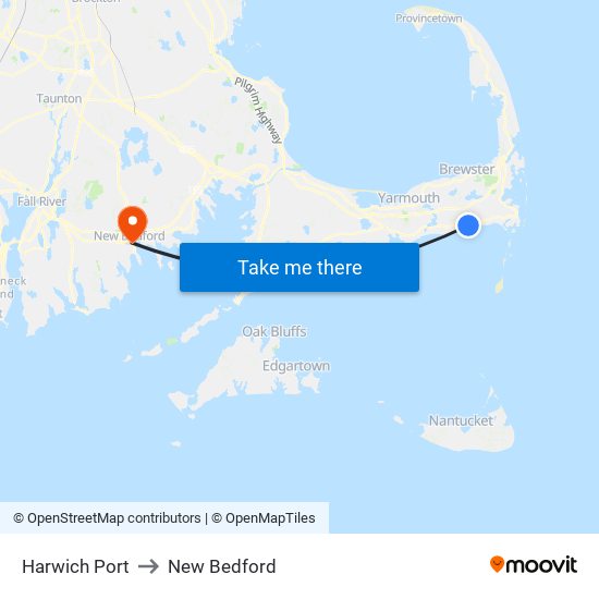 Harwich Port to New Bedford map