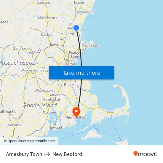 Amesbury Town to New Bedford map