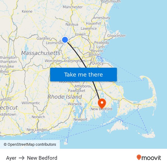 Ayer to New Bedford map