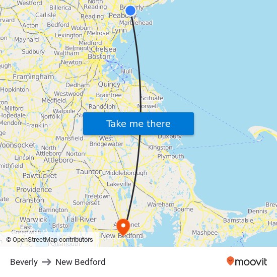 Beverly to New Bedford map