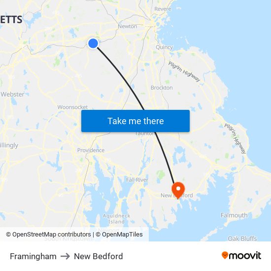 Framingham to New Bedford map