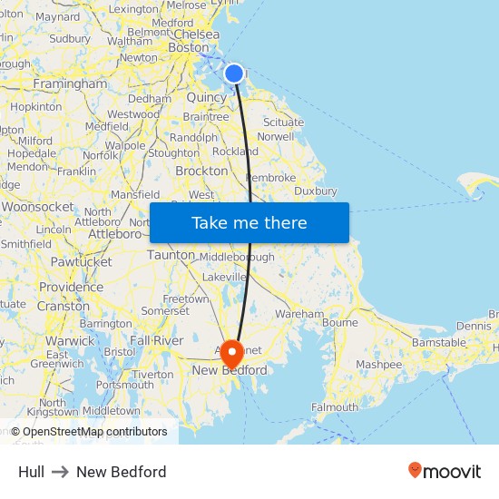 Hull to New Bedford map