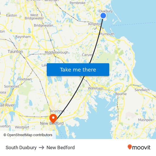 South Duxbury to New Bedford map