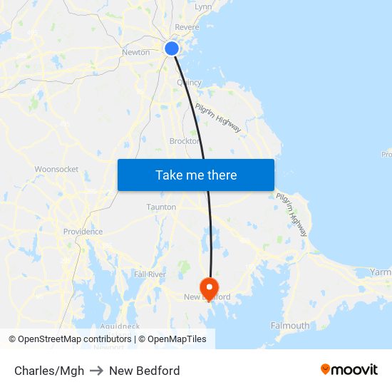 Charles/Mgh to New Bedford map