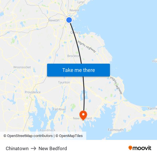 Chinatown to New Bedford map