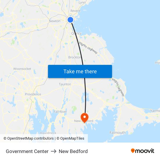 Government Center to New Bedford map