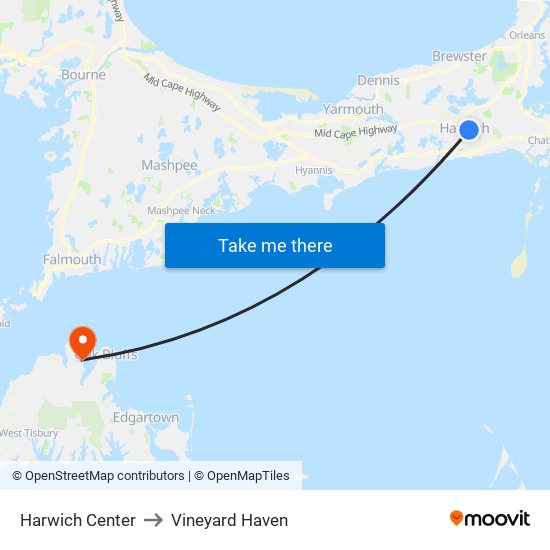 Harwich Center to Vineyard Haven map