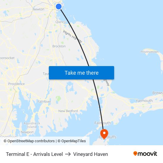 Terminal E - Arrivals Level to Vineyard Haven map