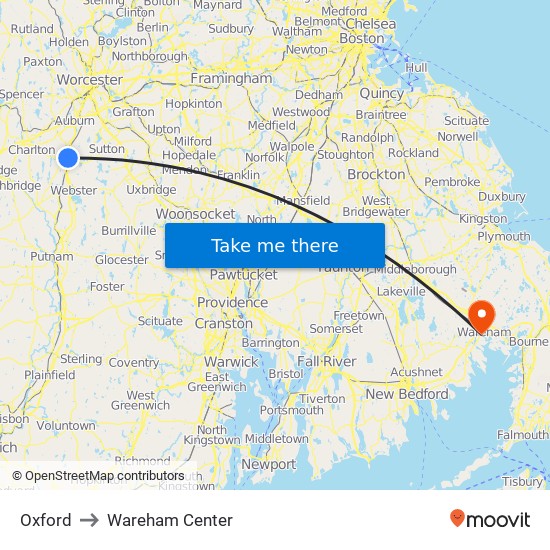 Oxford to Wareham Center map