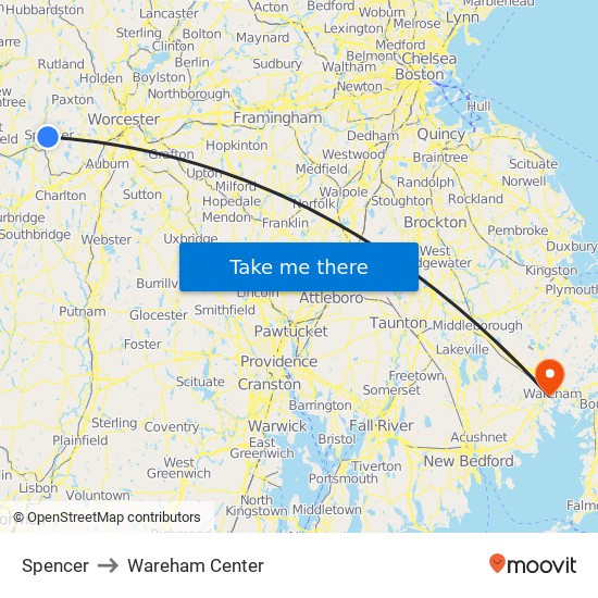 Spencer to Wareham Center map