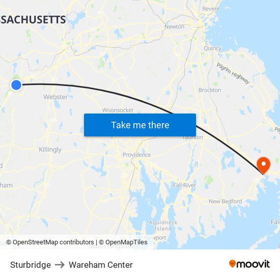 Sturbridge to Wareham Center map