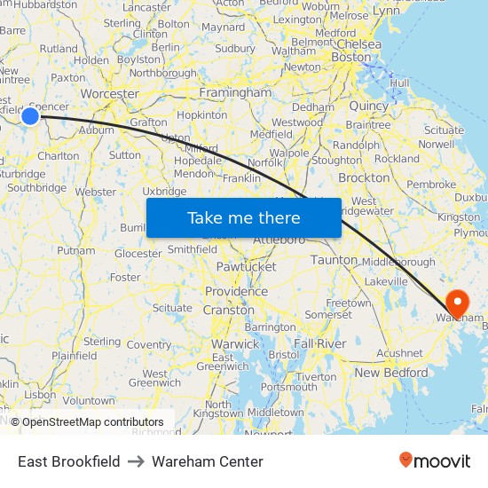 East Brookfield to Wareham Center map