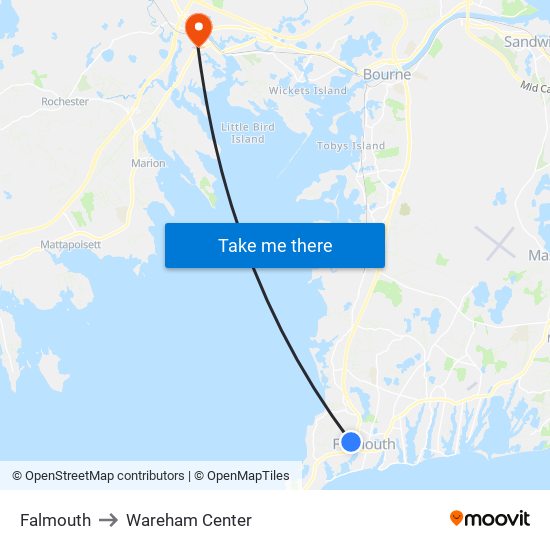 Falmouth to Wareham Center map