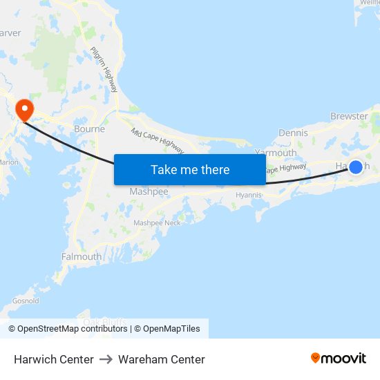 Harwich Center to Wareham Center map