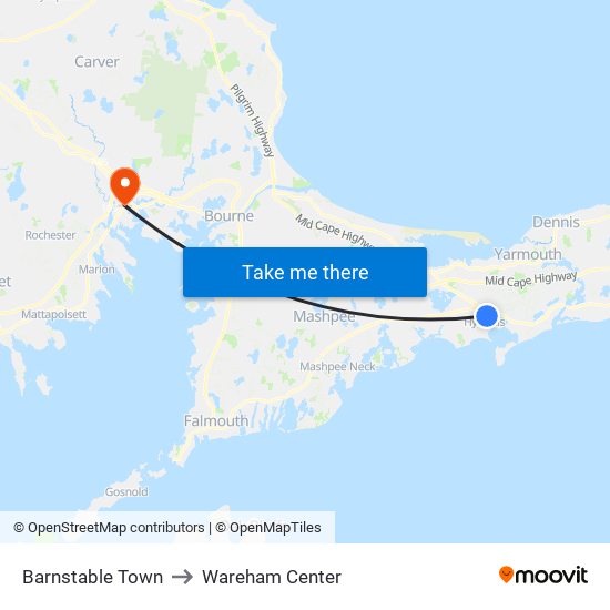 Barnstable Town to Wareham Center map