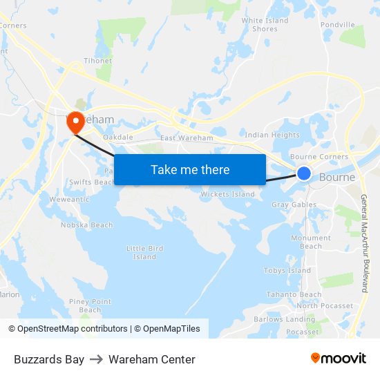 Buzzards Bay to Wareham Center map