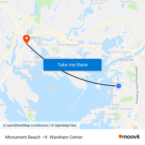 Monument Beach to Wareham Center map