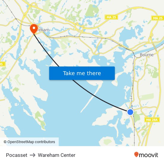 Pocasset to Wareham Center map