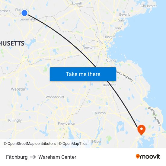 Fitchburg to Wareham Center map