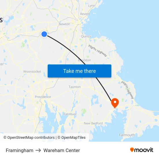 Framingham to Wareham Center map