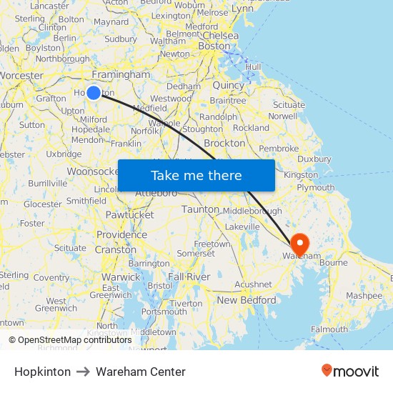 Hopkinton to Wareham Center map