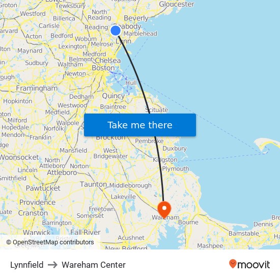 Lynnfield to Wareham Center map