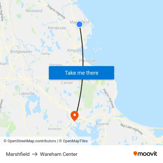 Marshfield to Wareham Center map