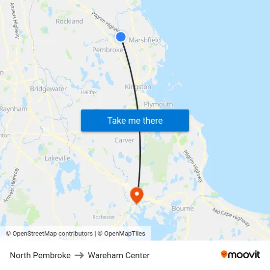 North Pembroke to Wareham Center map