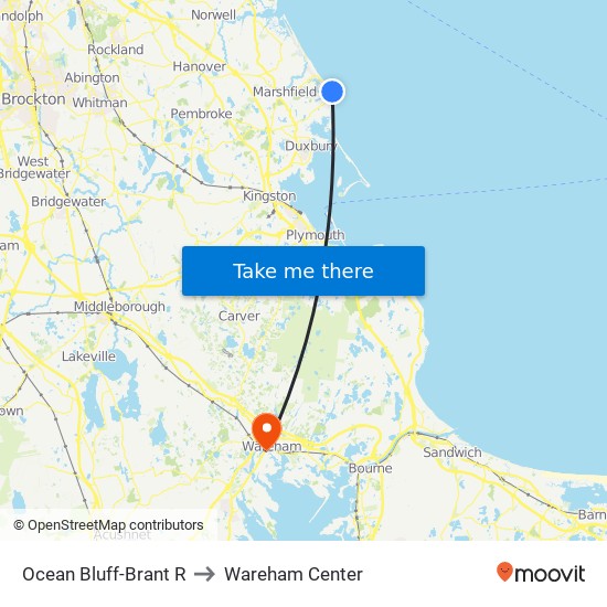 Ocean Bluff-Brant R to Wareham Center map