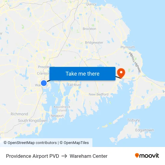 Providence Airport PVD to Wareham Center map