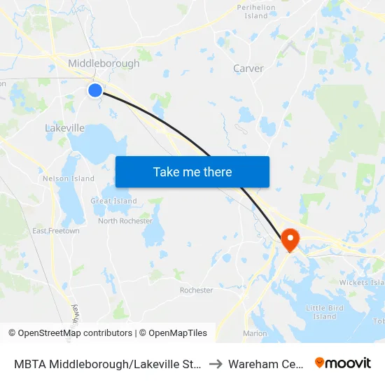 MBTA Middleborough/Lakeville Station to Wareham Center map