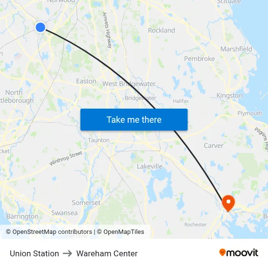 Union Station to Wareham Center map